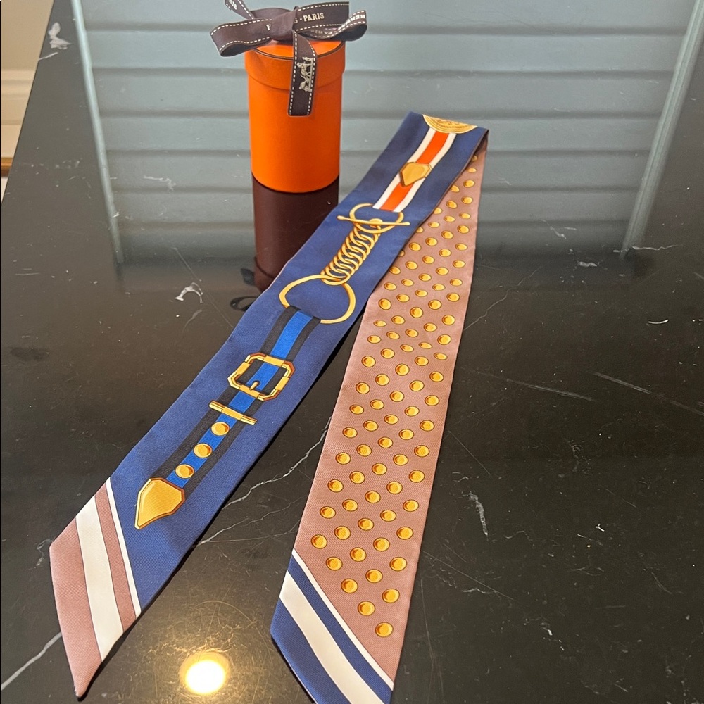 Hermes Silk Twilly in Navy, Brown & Gold Equestrian Print